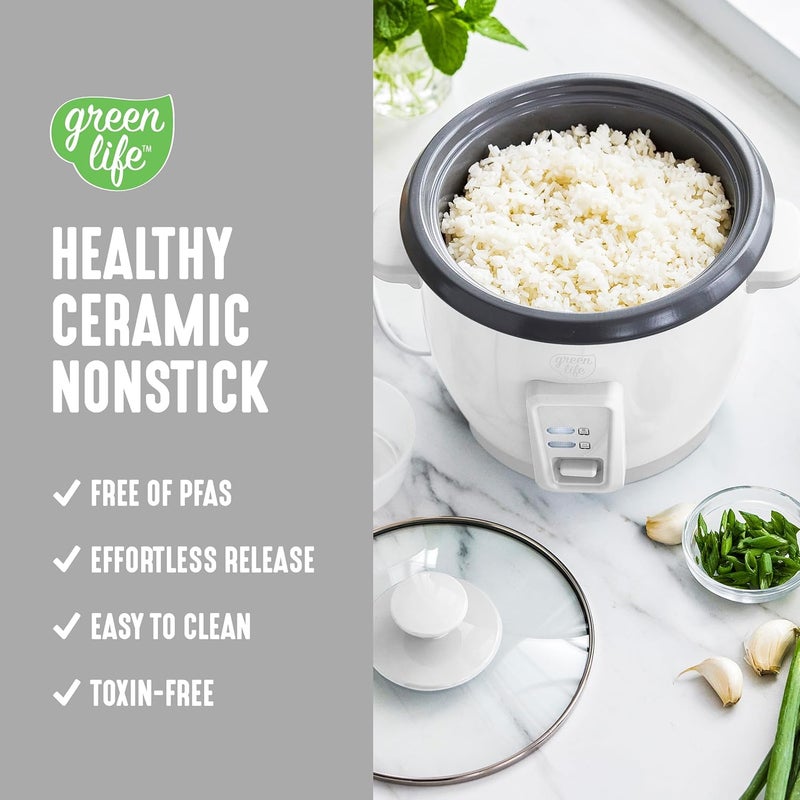 GreenLife Rice Cooker with Removable PFAS-Free Nonstick Pot, 3-Cups Uncooked/6-Cups Cooked, One-Switch Design, Auto Keep Warm Function, Soup, Grains, Oatmeal, Wood Handle, White - Image 3